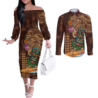 Hawaiian Tiki Mask Surfing Kakau Pattern Couples Matching Off The Shoulder Long Sleeve Dress and Long Sleeve Button Shirt