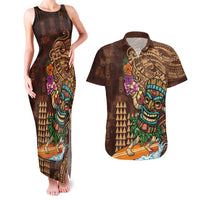 Hawaiian Tiki Mask Surfing Kakau Pattern Couples Matching Tank Maxi Dress and Hawaiian Shirt