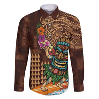 Hawaiian Tiki Mask Surfing Kakau Pattern Family Matching Summer Maxi Dress and Hawaiian Shirt LT03 Dad's Shirt - Long Sleeve Brown - Polynesian Pride