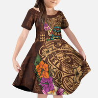 Hawaiian Tiki Mask Surfing Kakau Pattern Kid Short Sleeve Dress