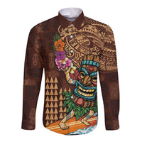 Hawaiian Tiki Mask Surfing Kakau Pattern Long Sleeve Button Shirt LT03 Unisex Brown - Polynesian Pride