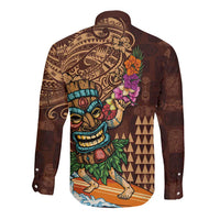 Hawaiian Tiki Mask Surfing Kakau Pattern Long Sleeve Button Shirt LT03 - Polynesian Pride