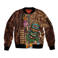 Hawaiian Tiki Mask Surfing Kakau Pattern Sleeve Zip Bomber Jacket