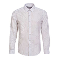Niue White Sunday Long Sleeve Button Shirt Hiapo Tribal Art Tattoos - Polynesian Pride