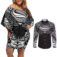 Super Samoan Traditional Tribal Art Tattoos Couples Matching Off Shoulder Short Dress and Long Sleeve Button Shirt Black Color - Polynesian Pride