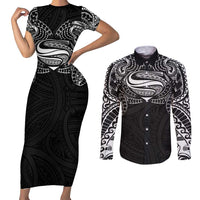Super Samoan Traditional Tribal Art Tattoos Couples Matching Short Sleeve Bodycon Dress and Long Sleeve Button Shirt Black Color - Polynesian Pride