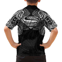 Super Samoan Traditional Tribal Art Tattoos Family Matching Off The Shoulder Long Sleeve Dress and Hawaiian Shirt Black Color - Polynesian Pride
