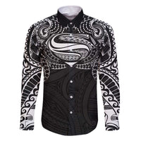 Super Samoan Traditional Tribal Art Tattoos Family Matching Off The Shoulder Long Sleeve Dress and Hawaiian Shirt Black Color - Polynesian Pride