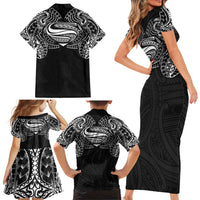 Super Samoan Traditional Tribal Art Tattoos Family Matching Short Sleeve Bodycon Dress and Hawaiian Shirt Black Color - Polynesian Pride