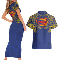 Super Samoan Traditional Tribal Art Tattoos Couples Matching Short Sleeve Bodycon Dress and Hawaiian Shirt Blue Color - Polynesian Pride