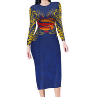 Super Samoan Traditional Tribal Art Tattoos Family Matching Long Sleeve Bodycon Dress and Hawaiian Shirt Blue Color - Polynesian Pride