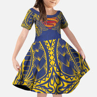 Super Samoan Traditional Tribal Art Tattoos Family Matching Off Shoulder Maxi Dress and Hawaiian Shirt Blue Color - Polynesian Pride