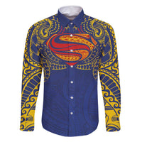 Super Samoan Traditional Tribal Art Tattoos Family Matching Off Shoulder Short Dress and Hawaiian Shirt Blue Color LT03 Dad's Shirt - Long Sleeve Blue - Polynesian Pride