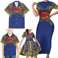 Super Samoan Traditional Tribal Art Tattoos Family Matching Short Sleeve Bodycon Dress and Hawaiian Shirt Blue Color - Polynesian Pride