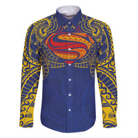 Super Samoan Traditional Tribal Art Tattoos Family Matching Short Sleeve Bodycon Dress and Hawaiian Shirt Blue Color - Polynesian Pride