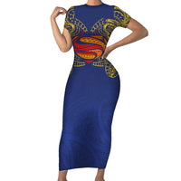 Super Samoan Traditional Tribal Art Tattoos Short Sleeve Bodycon Dress Blue Color - Polynesian Pride