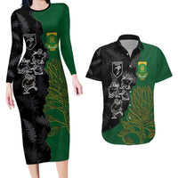 Custom Aotearoa South Africa Rugby Freedom Cup Couples Matching Long Sleeve Bodycon Dress and Hawaiian Shirt Kiwi Warriors Haka with King Protea Symbol - Polynesian Pride