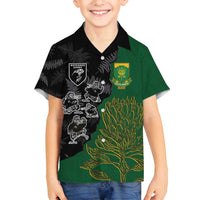 Custom Aotearoa South Africa Rugby Freedom Cup Family Matching Off Shoulder Maxi Dress and Hawaiian Shirt Kiwi Warriors Haka with King Protea Symbol - Polynesian Pride