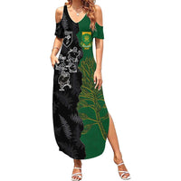 Custom Aotearoa South Africa Rugby Freedom Cup Family Matching Summer Maxi Dress and Hawaiian Shirt Kiwi Warriors Haka with King Protea Symbol - Polynesian Pride