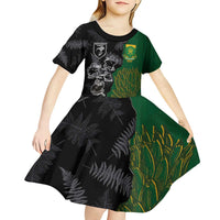 Custom Aotearoa South Africa Rugby Freedom Cup Kid Short Sleeve Dress Kiwi Warriors Haka with King Protea Symbol LT03 - Polynesian Pride
