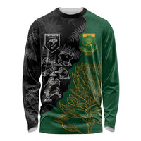 Custom Aotearoa South Africa Rugby Freedom Cup Long Sleeve Shirt Kiwi Warriors Haka with King Protea Symbol - Polynesian Pride
