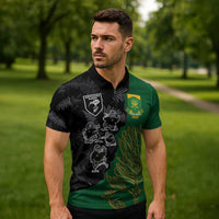 Custom Aotearoa South Africa Rugby Freedom Cup Zipper Polo Shirt Kiwi Warriors Haka with King Protea Symbol - Polynesian Pride