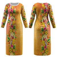 Hawaiian Tropical Fruits and Plants Couples Matching Long Sleeve Bodycon Dress and Hawaiian Shirt Kakau Pattern Summer Vibe