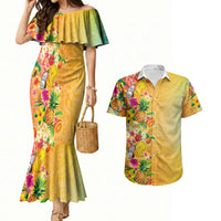 Hawaiian Tropical Fruits and Plants Couples Matching Mermaid Dress and Hawaiian Shirt Kakau Pattern Summer Vibe