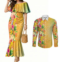 Hawaiian Tropical Fruits and Plants Couples Matching Mermaid Dress and Long Sleeve Button Shirt Kakau Pattern Summer Vibe