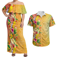Hawaiian Tropical Fruits and Plants Couples Matching Off Shoulder Maxi Dress and Hawaiian Shirt Kakau Pattern Summer Vibe
