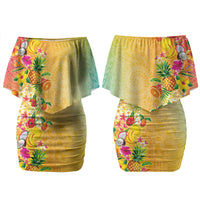 Hawaiian Tropical Fruits and Plants Couples Matching Off Shoulder Short Dress and Long Sleeve Button Shirt Kakau Pattern Summer Vibe