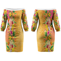 Hawaiian Tropical Fruits and Plants Couples Matching Off The Shoulder Long Sleeve Dress and Hawaiian Shirt Kakau Pattern Summer Vibe