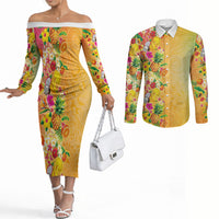 Hawaiian Tropical Fruits and Plants Couples Matching Off The Shoulder Long Sleeve Dress and Long Sleeve Button Shirt Kakau Pattern Summer Vibe