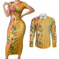 Hawaiian Tropical Fruits and Plants Couples Matching Short Sleeve Bodycon Dress and Long Sleeve Button Shirt Kakau Pattern Summer Vibe