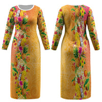 Hawaiian Tropical Fruits and Plants Family Matching Long Sleeve Bodycon Dress and Hawaiian Shirt Kakau Pattern Summer Vibe