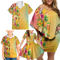 Hawaiian Tropical Fruits and Plants Family Matching Off Shoulder Short Dress and Hawaiian Shirt Kakau Pattern Summer Vibe