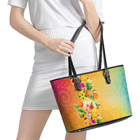 Hawaiian Tropical Fruits and Plants Leather Tote Bag Kakau Pattern Summer Vibe