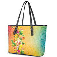 Hawaiian Tropical Fruits and Plants Leather Tote Bag Kakau Pattern Summer Vibe