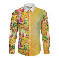Hawaiian Tropical Fruits and Plants Long Sleeve Button Shirt Kakau Pattern Summer Vibe