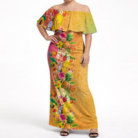 Hawaiian Tropical Fruits and Plants Off Shoulder Maxi Dress Kakau Pattern Summer Vibe