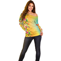 Hawaiian Tropical Fruits and Plants Off Shoulder Sweater Kakau Pattern Summer Vibe