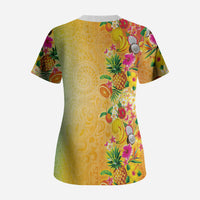 Hawaiian Tropical Fruits and Plants Scrub Top Kakau Pattern Summer Vibe