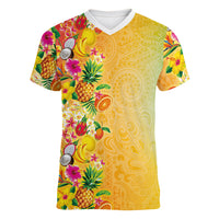 Hawaiian Tropical Fruits and Plants Women V-Neck T-Shirt Kakau Pattern Summer Vibe