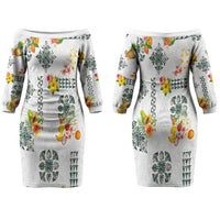 Hawaiian Quilts Couples Matching Off The Shoulder Long Sleeve Dress and Long Sleeve Button Shirt Tropical Fruits and Plants