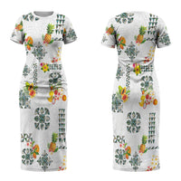 Hawaiian Quilts Couples Matching Short Sleeve Bodycon Dress and Long Sleeve Button Shirt Tropical Fruits and Plants