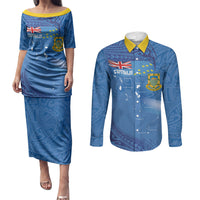 Tuvalu Heritage Couples Matching Puletasi and Long Sleeve Button Shirt Map of the Islands and Polynesia Pattern