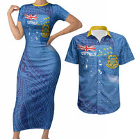 Tuvalu Heritage Couples Matching Short Sleeve Bodycon Dress and Hawaiian Shirt Map of the Islands and Polynesia Pattern