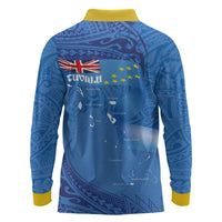 Tuvalu Heritage Long Sleeve Polo Shirt Map of the Islands and Polynesia Pattern