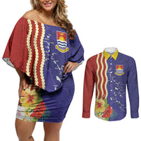 Kiribati Heritage Couples Matching Off Shoulder Short Dress and Long Sleeve Button Shirt Map of the Islands and Polynesia Pattern