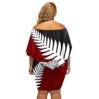 Aotearoa New Zealand Off Shoulder Short Dress Silver Fern Kiwi Bird and NZ Map with Maori Tribal Red Style LT03 - Polynesian Pride